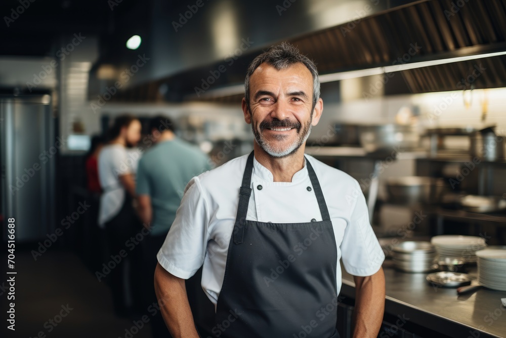 Obraz premium Middle aged caucasian european kitchen chef in a modern restaurant kitchen smiling , 