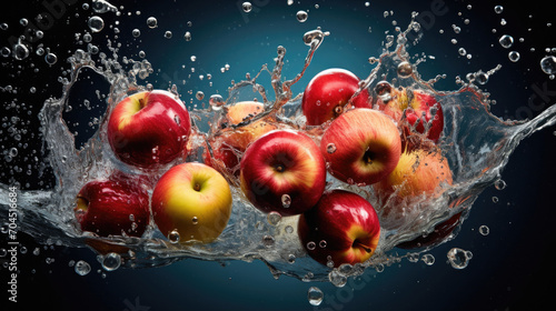 Smooth Fresh Ripe Organic Red Apple Fruit cut in half and falling into water and splashes created with Generative AI Technology