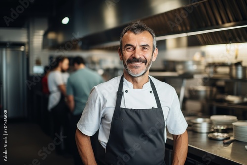 Middle aged caucasian european kitchen chef in a modern restaurant kitchen smiling , 