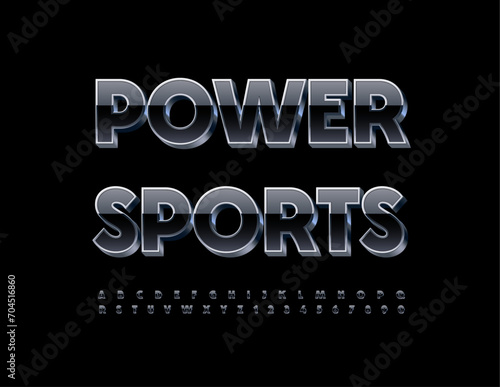 Vector modern logo Power Sports. Blue and Silver Cool Font. Unique 3D Alphabet Letters and Numbers.