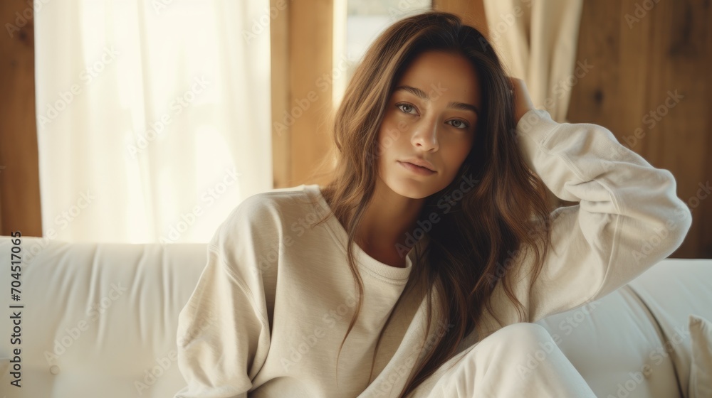 Mockup, brunette long hair woman wearing a gildan 18000 sand colored blank sweatshirt, Mockup, brunette long hair woman wearing a gildan 18000 sand colored blank sweatshirt,