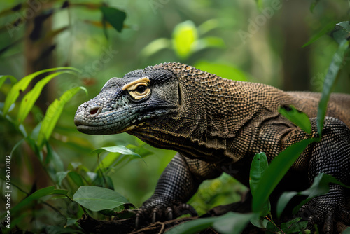 A stealthy Komodo Dragon navigating its way through the lush forest