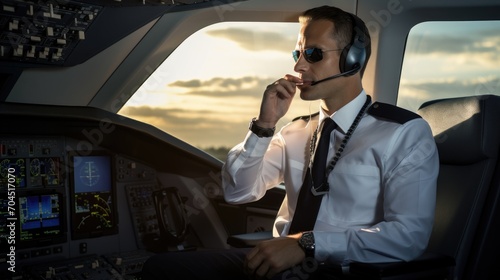 Modern photo of a commercial pilot talking on his cell phone in the cockpit © Thuch