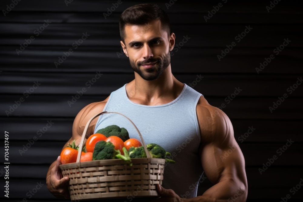 Muscular guy with a fruits and vegetables bucket, healthy food, details Muscular guy with a fruits and vegetables bucket, healthy food, details