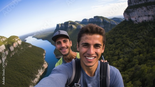 pareja de dos hombres jovenes haciÃ©ndose un selfie en lo alto de una montaÃ±a con fondo de naturaleza con montaÃ±as, arboles y rio  photo