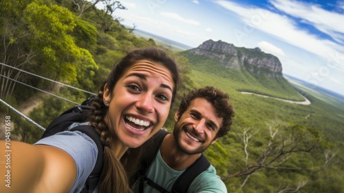 pareja de dos hombres jovenes haciÃ©ndose un selfie en lo alto de una montaÃ±a con fondo de naturaleza con montaÃ±as, arboles y rio  photo