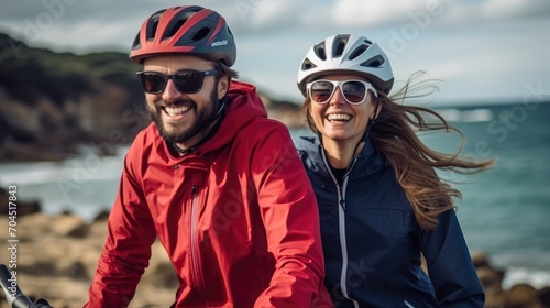 pareja de jubilados, con ropa de abrigo, cascos y gafas de sol, montando en bicicleta por la naturaleza, 