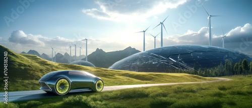 future of sustainable transportation in this image, where a windmill harnesses wind energy to power electric cars. alternative and renewable energy, symbolizing a greener