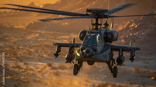 military attack helicopter  AH-64 Apache  hovering in a desert landscape at sunset  rotors in motion