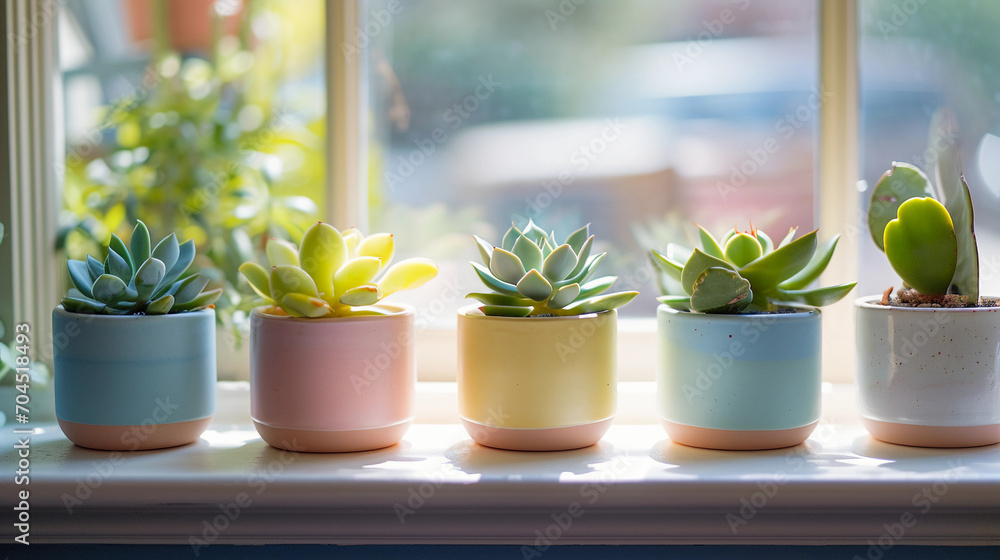 handmade ceramic plant pots in pastel colors, each holding a different succulent, set on a windowsill - obrazy, fototapety, plakaty 