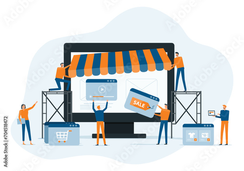 business people team working developer and designer team create an online store shop concept. partnership collaboration. flat vector illustration cartoon character design
