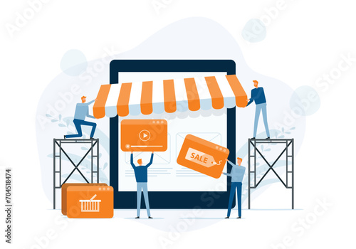 business people team working developer and designer team create an online store shop concept. partnership collaboration. flat vector illustration cartoon character design
