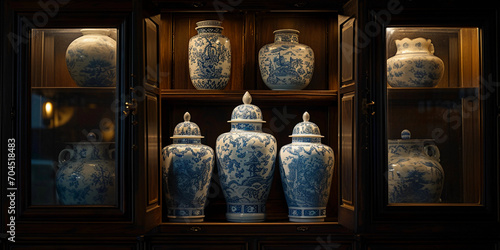 Fotografia Chinese porcelain vases, delicate blue patterns, showcased in an antique cabinet
