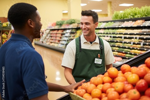 Photograph of a grocery store employee assisting a customer with their shopping,