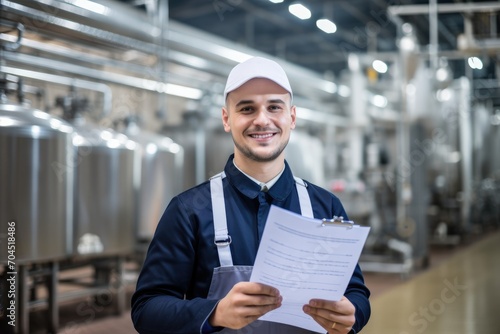 Photograph of Food processing plant interior with positive smiling technologist holding checklist. photo