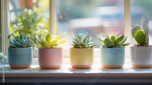 handmade ceramic plant pots in pastel colors, each holding a different succulent, set on a windowsill