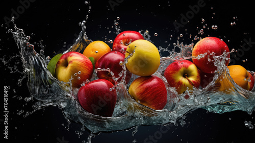 Smooth Fresh Ripe Organic Red Apple Fruit cut in half and falling into water and splashes created with Generative AI Technology 