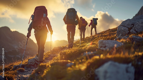 group of friends hiking up a hill, backpacks and hiking poles visible, sun setting behind them © Gia