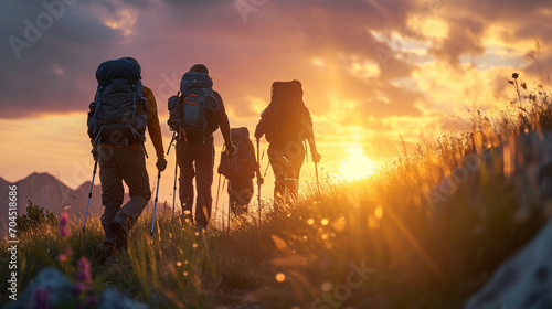 group of friends hiking up a hill, backpacks and hiking poles visible, sun setting behind them