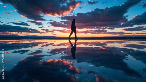 walking on water, twilight background, reflection on water, dramatic clouds