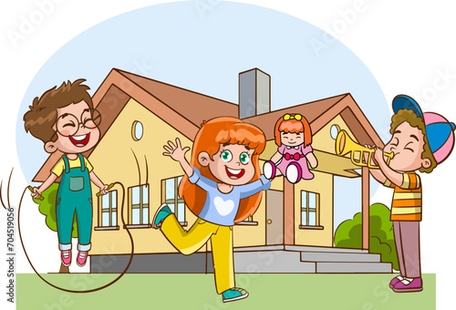 Children Playing in the Yard of Their House Cartoon Style Vector Illustration