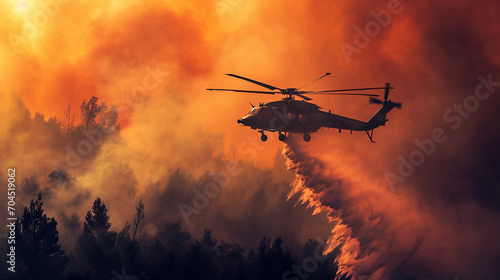 Firefighting helicopter, dropping water over a raging forest fire, orange and red hues