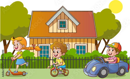 Children Playing in the Yard of Their House Cartoon Style Vector Illustration