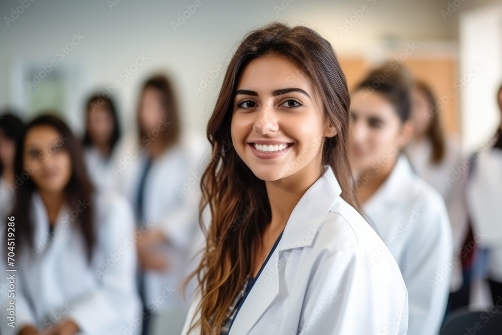 YOUNG LATIN WOMAN WITH LAB COAT IN A CLASSROOM SURROUNDED BY HIS CLASSMATES, IN A WHITE CLASSROOM. IN PHOTOGRAPHIC STYLE, YOUNG LATIN WOMAN WITH LAB COAT IN A CLASSROOM SURROUNDED BY HIS CLASSMATES, IN A WHITE CLASSROOM. IN PHOTOGRAPHIC STYLE,
