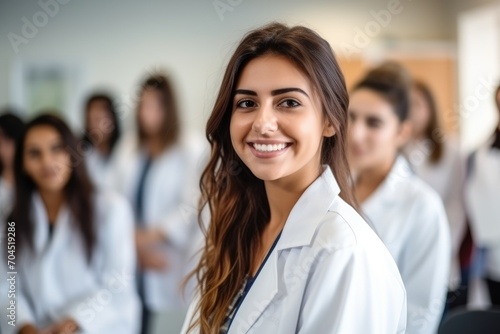 YOUNG LATIN WOMAN WITH LAB COAT IN A CLASSROOM SURROUNDED BY HIS CLASSMATES, IN A WHITE CLASSROOM. IN PHOTOGRAPHIC STYLE,