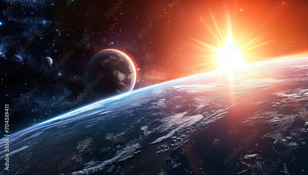 the earth in the evening sun with the moon and sun in the background the earth in the evening sun with the moon and sun in the background
