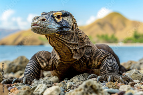 A Komodo Dragon in a guardian-like pose along the coastal rocks