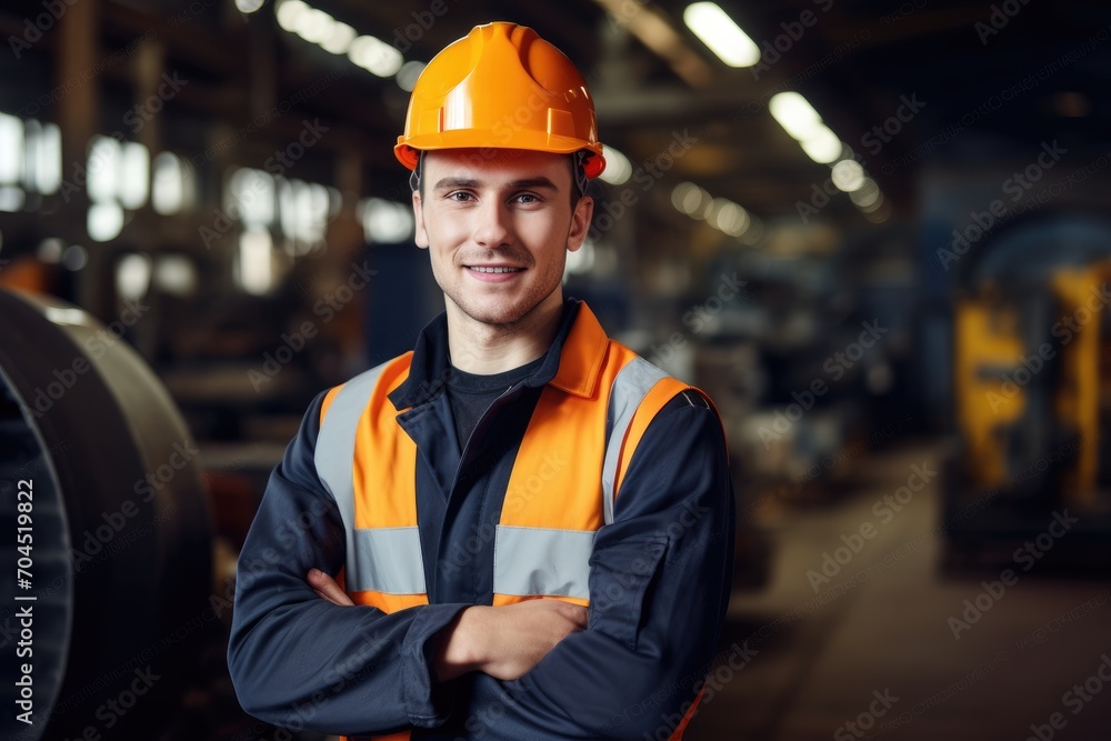 Portrait of a young worker in a hard hat at a large metalworking plant Portrait of a young worker in a hard hat at a large metalworking plant
