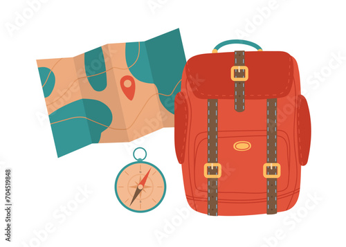 Travel, adventures banner. Red camping Backpack, terrain map and compass. Equipment for travel, nikes, trips tourism, voyage, vacation isolated. Flat vector illustration of traveler's luggage.