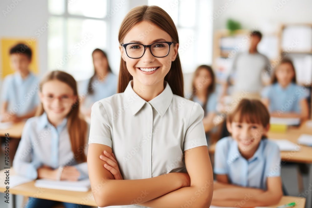 Portrait of smiling teacher in a class at elementary school looking at camera with learning students on background Portrait of smiling teacher in a class at elementary school looking at camera with learning students on background