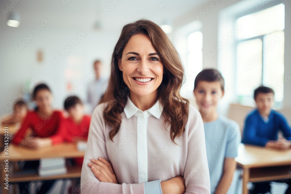 Portrait of smiling teacher in a class at elementary school looking at camera with learning students on background, Portrait of smiling teacher in a class at elementary school looking at camera with learning students on background,