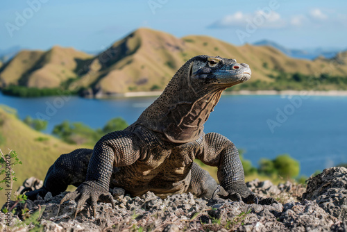 A Komodo Dragon in a guardian-like pose along the coastal rocks © Venka