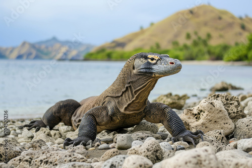 A Komodo Dragon in a guardian-like pose along the coastal rocks © Venka