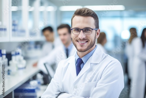 Real photograph  attractive female scientist working at a laboratory  male colleagues in background 