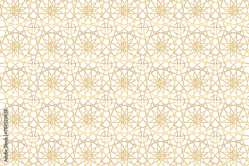 Islamic seamless pattern. Repeating gold arabesque background. Repeated morocco golden motif for design prints. Repeat arabian texture. Arab ornate girih patern. Ornament stars. Vector illustration photo