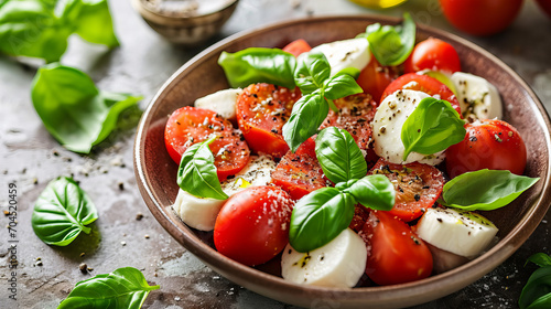 salad with slices of tomatoes and mozzarella with basil and olive oil, sprinkled with some spices photo