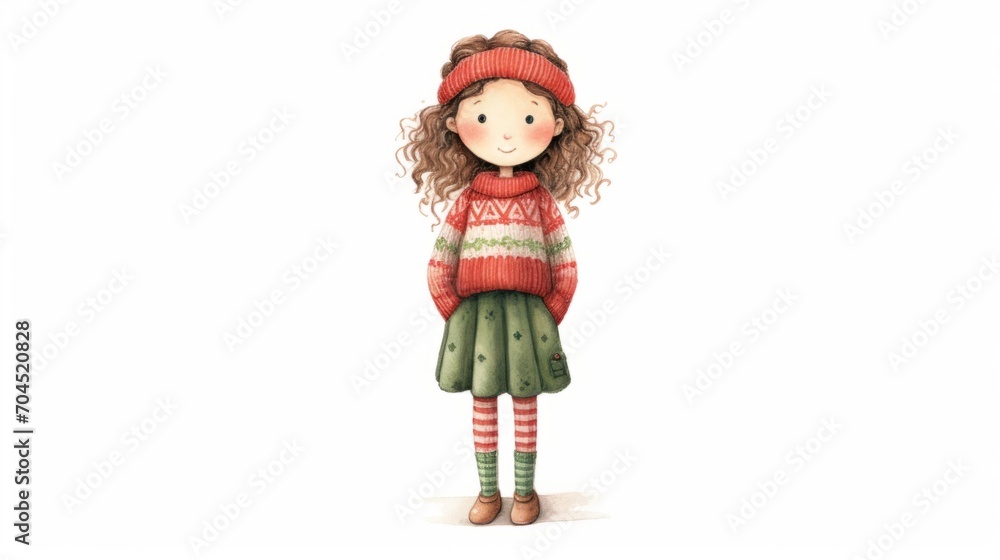 Cute character girl watercolor illustration in Christmas style on white background. Red and green colors.