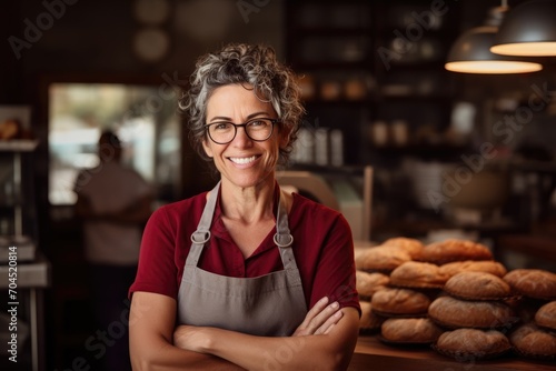 Senior female bakery owner smiling at the camera in front of a camera, in the style of mix of masculine and feminine elements, smooth lines