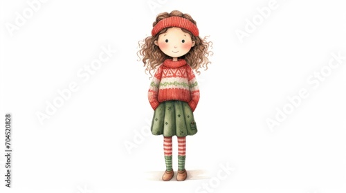 Cute character girl watercolor illustration in Christmas style on white background. Red and green colors.