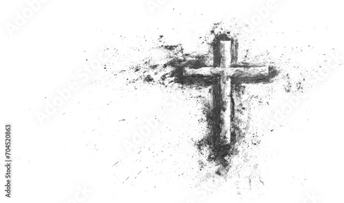 Ashes crucifix cross on white representing Ash Wednesday and the Easter holiday