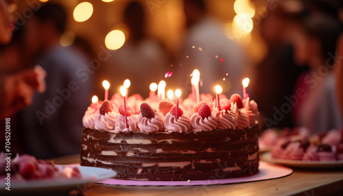 birthday cake with candles on bokeh background. birthday cake congratulations.