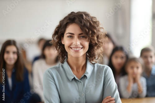 Teacher looking into camera and students in sitting in classroom as background