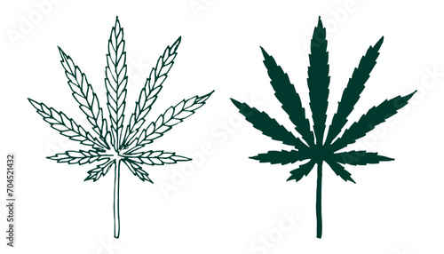 Cannabis leaf design hand drawn doodle and flat style on white background. Hemp vector illustration