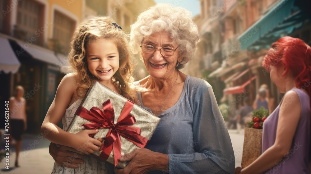 Two women are hugging a little girl holding a present, in the style of grandparentcore, uhd image, 