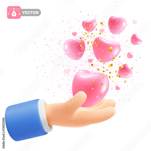 Cute cartoon realistic 3d hand holding or giving hearts. Isolated on white. Hearts fly out of the palm. Concept of love, Valentines Day celebration, health care, charity. Vector illustration