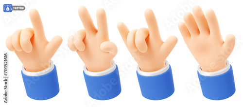 Set of 3d realistic icon of hand which shows victory gesture, heavy metal hand gesture, give me five or points to something with the index finger. Isolated Vector illustration